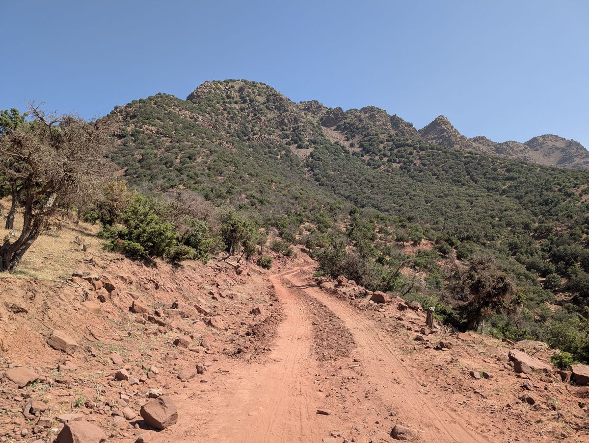 La route en terre interminable, parcourue péniblement sous un soleil de plomb